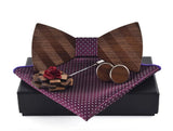 Wooden BowTie pocket square cufflinks and lapel pin in purple