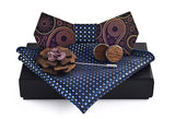 wood bowtie with navy blue pocket square, cufflinks and lapel pin