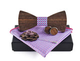 Wooden BowTie pocket square cufflinks and lapel pin in lavender