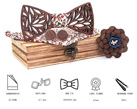 Wooden Bow Tie, Hanky, Cufflink and Boutonniere Set with Case