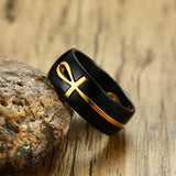Black Steel Ring with Gold Ankh Swivel Insert