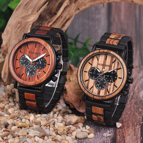Two-tone Metal and Wood Chronograph Watch