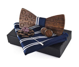Wooden BowTie pocket square cufflinks and lapel pin in navy