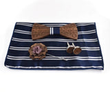 Wooden BowTie pocket square cufflinks and lapel pin in navy