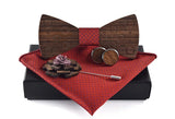 Wooden BowTie pocket square cufflinks and lapel pin in red