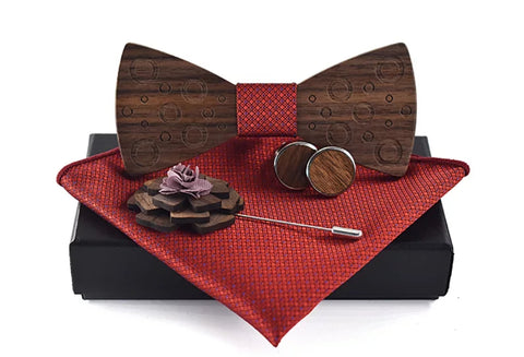 Wooden BowTie pocket square cufflinks and lapel pin in red