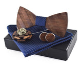 Wooden BowTie pocket square cufflinks and lapel pin in blue