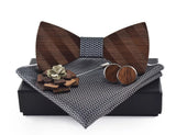 Wooden BowTie pocket square cufflinks and lapel pin in black white