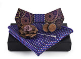 wood bowtie with blue pocket square, cufflinks and lapel pin