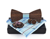 Wooden BowTie pocket square cufflinks and lapel pin in light blue