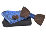 Wooden BowTie and pocket square with cufflinks in blue