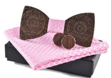 Wooden BowTie and pocket square with cufflinks in pink