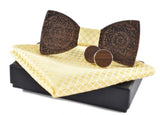 Wooden BowTie and pocket square with cufflinks in yellow