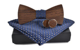 Wooden BowTie and pocket square with cufflinks in navy