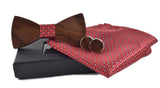Wooden BowTie and pocket square with cufflinks in red