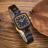 Women's skinny brown wooden watch with gold trim